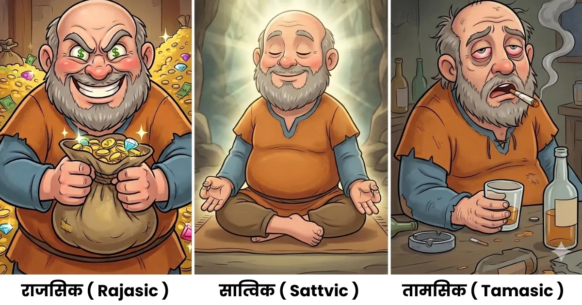 three Gunas of nature राजसिक ( Rajasic ) - During Day Time in sunlight , सात्विक  ( Sattvic ) during Sandhya and तामसिक ( Tamasic ) at Dark in Night. 